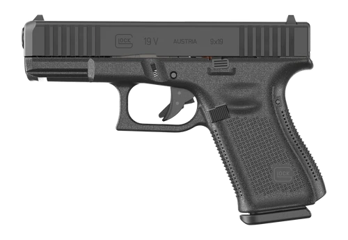 GLOCK 19V, V Series, Full Size, 9mm, 4.02" Marksman Barrel, nDLC Finish, Fixed Sights, Ambidextrous Slide Stop Lever, Flared Mag Well, No Finger Grooves, Front Serrations, 15rd, 3 mags