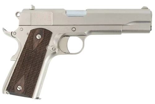 Tisas 1911 A1 Stakeout 9mm & 38 Super, 5" Barrel, Steel Frame, Nickel Finish, Silver, Walnut Grips, Iron Sights, Thumb Safety, 9rd, Includes 38 Super Barrel and 9mm Barrel