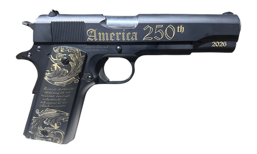 Tisas Arms 1911 America's 250th Full Size 45 ACP 7rd 5" Stainless Barrel, Black Gold Engraving Steel Serrated Slide, Black Gold Engraving Steel Frame Beavertail, Black Gold Accen