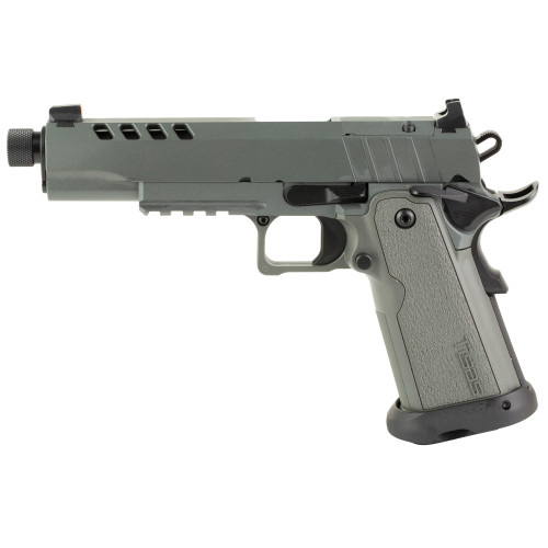 Tisas 1911 B9R Night Stalker DS, SAO, 9mm, 5.55" Threaded Barrel, Cerakote Finish, Gray, Light Rail, Optic Cut, Manual Safety, Black Rear/ Tritium Orange Dot Front, 17rd, 2 mags