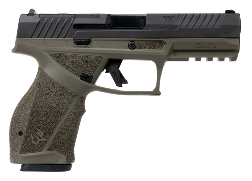 Taurus TX9 9mm, 4.5" Barrel, Nitride Finish, Olive Drab Green and Black, Drift Adjustable Rear Sight with Removable Front Sight, Optics Ready T.O.R.O. Slide, 17rd, 2 mags