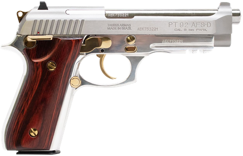 Taurus 92 9mm, 5" Barrel, Matte Black, Serrated Slide, Matte Black Gold Accents, Picatinny Rail, Wood Grip, 17rd