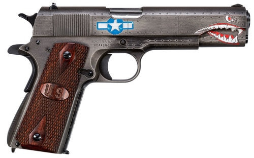 Thompson Squadron Special Edition WW2 1911 45 ACP, 5" Barrel, Black/Gray Cerakote, Wood Grips, US Logo, Adj Rear Sight, Custom Engraved to Resemble a WW2 Fighter Plane, 7rd