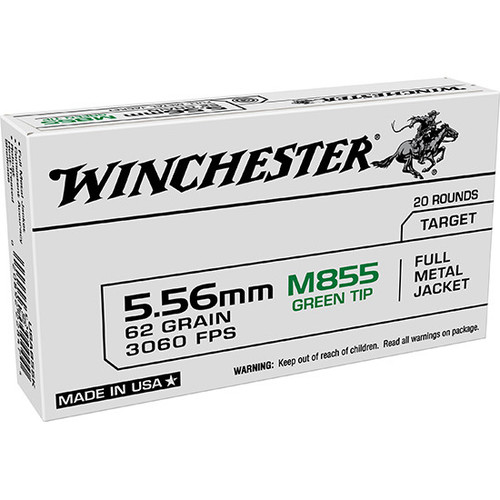 Winchester M855 5.56mm 62gr, FMJ, Green Tip, 20rd Box