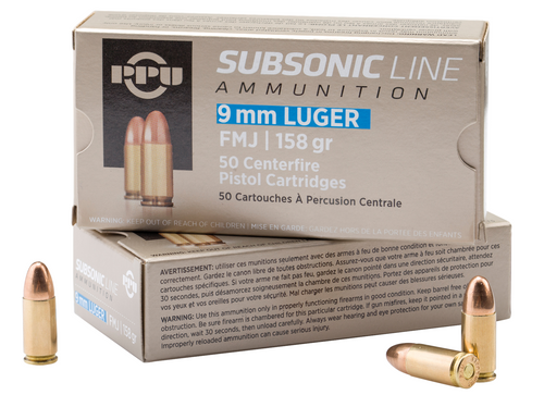 PPU Subsonic 9mmLuger Subsonic 158gr Full Metal Jacket, 50rd Box
