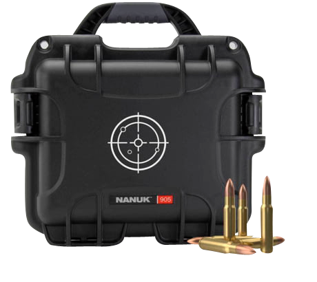 Nanuk 905 Ammo Case Waterproof Black with White Target Logo Resin & Metal Eyelets Holds 525rds of 223 Rem