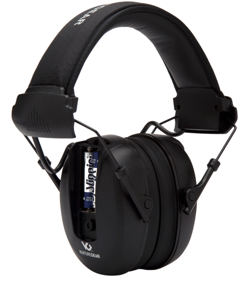 Pyramex Venture Gear Clandestine Electronic Muff 24 dB Over the Head Slim Profile Black Ear Cups with Black Headband for Adults 1 Pair Includes 2 AAA Batteries