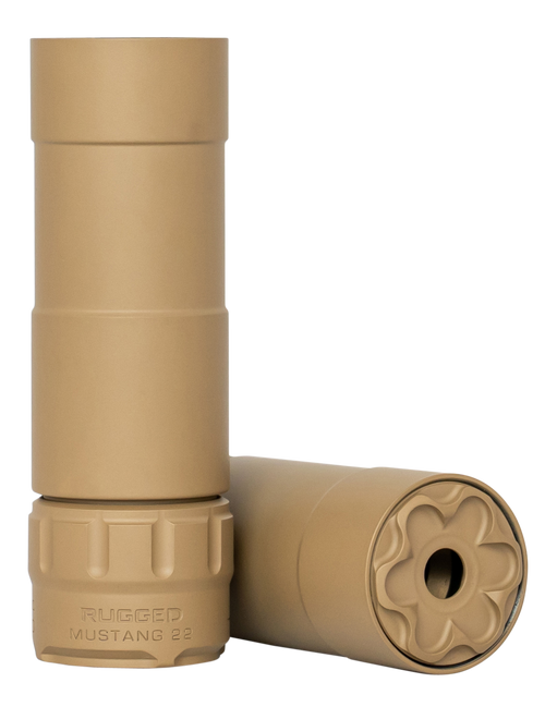 Rugged Suppressors Mustang 22, 22 LR, 5.3" Length, 1.06" Diameter, Aluminum Construction, Cerakote Flat Dark Earth, 1/2X28 Direct Thread Mount, 3.3oz