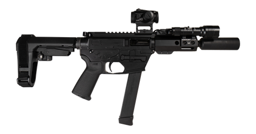 Shark Coast Tactical Creepy Andrew 9mm 30rd, Aluminum Receiver Picatinny Rail Receiver Black Polymer SB Tactical SBA3 Brace
