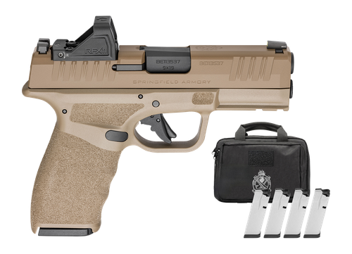 Springfield Hellcat Pro, Compact, 9mm, 3.7" Barrel, Cerakote Desert Flat Dark Earth, Tactical Rack Rear Sight, 18rd, 4 mags, Range Bag, Viridian RFX11 3 MOA Green Dot Sight