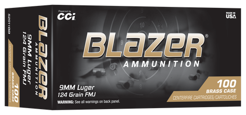 CCI Ammunition 9mm 124gr, Blazer Brass, 100rd Tray