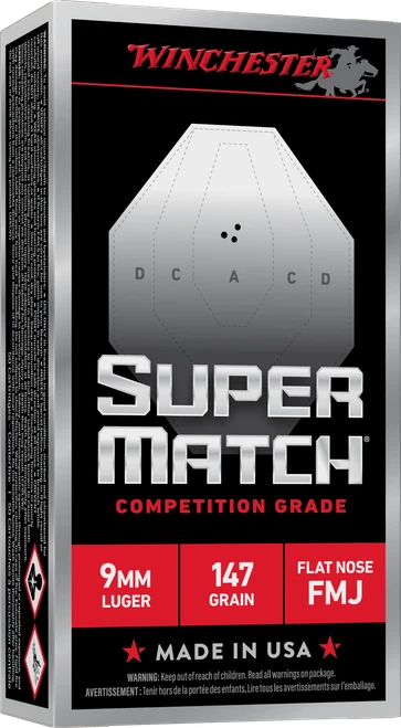 Winchester Super Match 9mm, 147 Gr, Flat Nose Bullet, 50rd Box