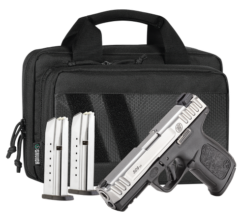 Smith & Wesson SD9 2.0 Bundle 9mm, 4" Barrel, Satin Stainless, Serrated, Black Frame, Rail, Textured Grip, Savior Bag, 3x16rd Mags