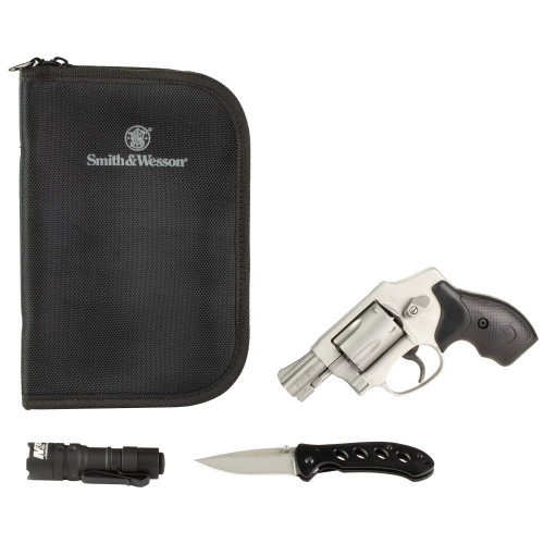 Smith & Wesson Model 642 38 Special +P, 1.88" Barrel, Silver, Black Rubber Grip, w/ Portfolio, Flashlight, Knife, 5rd