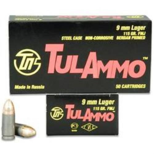 TulAmmo 9mm Full Metal Jacket 115 gr, Steel Case, 100rd/Box