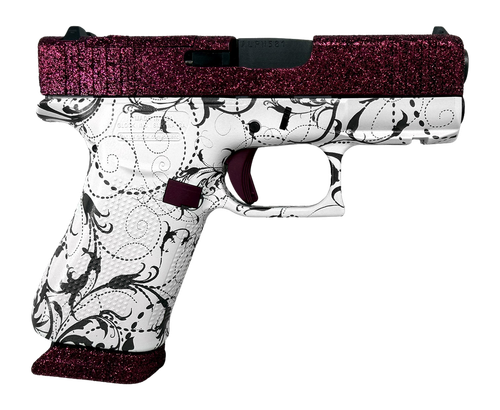 Glock 43X, 9mm, 3.41" Barrel, Optic Ready, Black Cherry Glitter Slide, Black & White Paisley Frame, 15rd