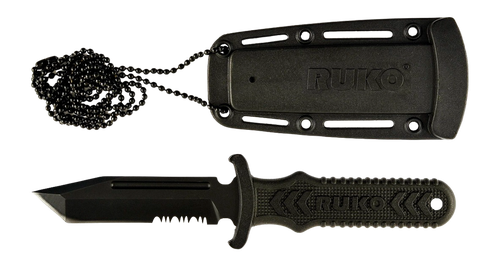 Ruko Ti-Tactical Neck/Boot Knife, 3" Tanto Part Serrated 440A Blade, Black