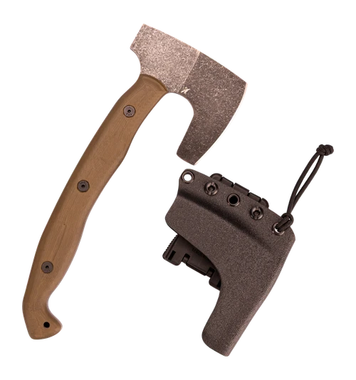 Stroup Knives Viking Tomahawk, 3" Blade, 1095 Carbon Steel, Acid Etched, OD Green Handle, Kydex Sheath