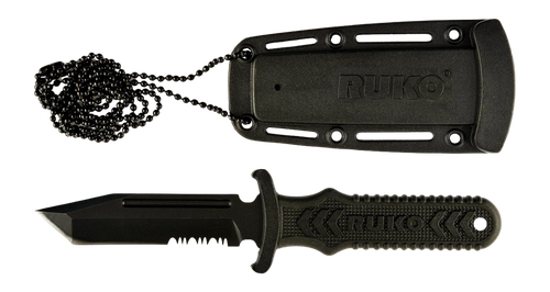 Ruko Ti-Tactical Neck/Boot Knife, 3" Tanto Part Serrated 440A Blade, Black GFN Handle, Clamshell Pack