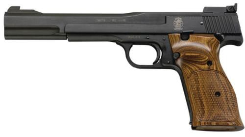 Smith & Wesson 41 22LR, 7", Adjustable Sight Wooden Target, Thumbrest Grip Blue, 10rd