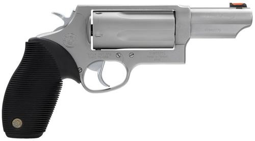 Taurus Judge Revolver, Large Frame, 45 Colt/410 Bore, 3" Barrel, 3" Chamber, Stainless Steel, Matte Finish, Silver, Rubber Grips, Fiber Optic Front Sight, 5 Rounds