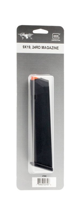 Glock 17/34 Magazine 9mm, 24Rd, Cardboard Style Packaging, Black, Orange Follower 47464