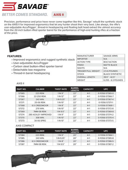 Savage Axis II, 270 Winchester, 22" Barrel, Black Color, Black Polymer Stock, 4Rd, Detachable Box Magazine
