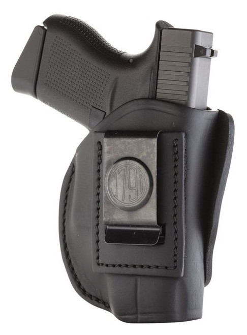 1791 Gunleather 4 Way Holster, Concealment & Belt Holster, IWB/OWB, Stealth Black Leather, Fits Glock 42/43, S&W Bodyguard, Right Hand, Size 2 4WH-2-SBL-R