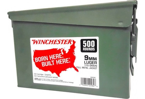 Winchester Handgun Ammo 9mm 115gr, FMJ 500 Rounds per Can - 2 Cans - Total 1000 Rounds
