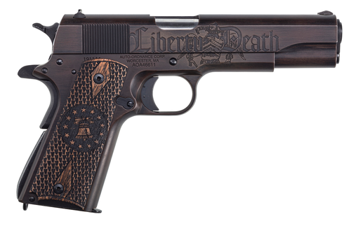 Auto-Ordnance Liberty 1911 45 ACP, 5" Barrel, Black/Brown Custom Cerakote on Engraved Slide and Frame, Engraved Goncalo Wood Grips, Fixed Sights, 7rd, 1 Magazine