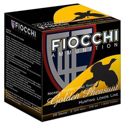 Fiocchi Golden Pheasant Nickel Plated 28 Ga, 3", 1 1/16oz, 6 Shot, 25rd Box