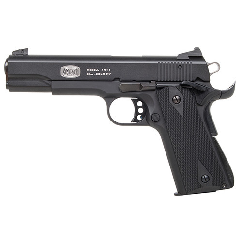 Mauser Rimfire 1911 22 LR 10rd,5" Black Steel Barrel, Black Serrated Slide, Black Aluminum Frame Beavertail, Walnut Grip, Ambidextrous