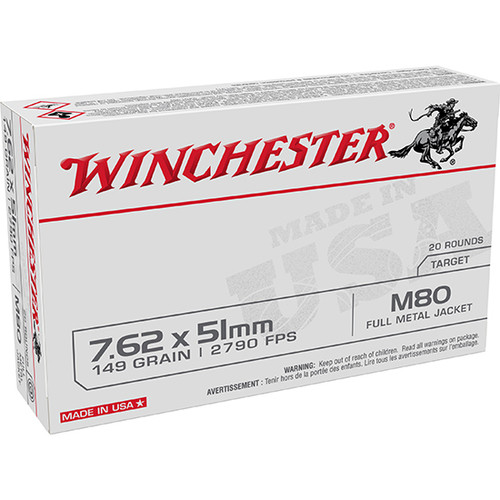 Winchester White Box 7.62x51 NATO 149gr, Full Metal Jacket Lead Core, 20rd Box