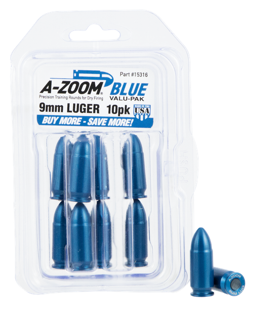 A-Zoom Pistol Training Rounds 9mm, Aluminum, Blue, 10-Pack