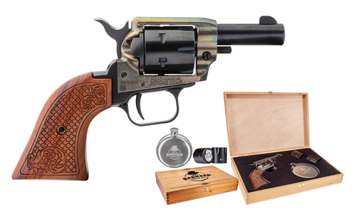 Heritage Barkeep .22 LR, 2" Barrel, Fixed Sights, Wood Grips, Includes Flask, Shot Glass, and Cedar Box