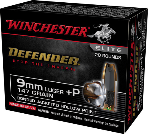Winchester Defender 9mm +P 147gr, Bonded Jacket Hollow Point, 20rd Box