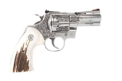 Colt Python 357 Magnum/38 Special, 3" Barrel, Engraved Frame/Cylinder, Stag Grips, 6rd