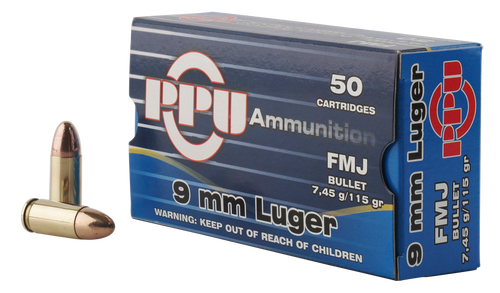 PPU Ammunition 9mm, 115gr, Full Metal Jacket, 50rd Box