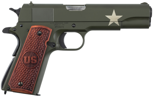Auto-Ordnance 1911 Tanker 45 ACP, 5" Barrel, Olive Drab Green with Sherman Tank Star, Checkered US Engraved Wood Grip, 7rd
