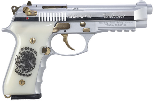 Girsan Regard Liberador II 9mm Luger 4.90" Barrel, Polished Stainless Steel Serrated Slide, Chrome w/Gold Controls SS Frame w/Picatinny Rail & Beavertail, Pearl Like w/Mexican Coat Of Arms Grip, 18 Rd