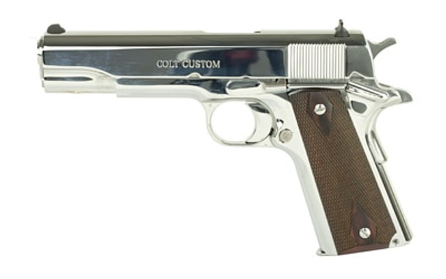 Colt Government 1911, 45 ACP, 5" Barrel, Steel Frame, Bright Stainless Finish, 7Rd Mag, White Dot Sights