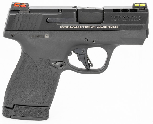 Smith & Wesson, Shield Plus, Performance Center, Striker Fired, Micro Compact, 9mm, 3.1" Ported Barrel, Polymer Frame, Thumb Safety, Fiber Optic, Flat Face Trigger, 2 Mags, 1-10Rd 1-13Rd, Black