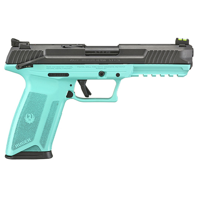 Ruger 57 5.7x28mm, 4.9" Barrel, Fiber Optic Front, Turquoise, 20rd Mag