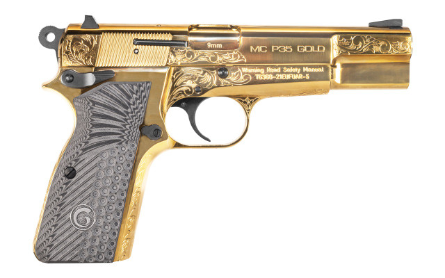 EAA Girsan MC P35 9mm, 4.6'' Barrel, Engraved Gold Finish, G10 Grips, 15rd