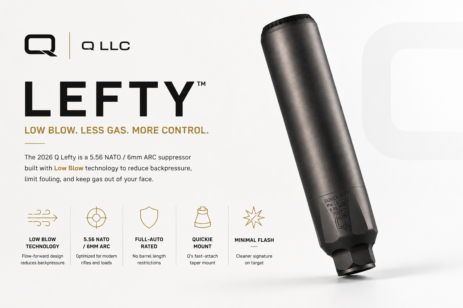 Q Lefty Suppressor for Sale | 5.56 Low Blow Technology | Impact Guns