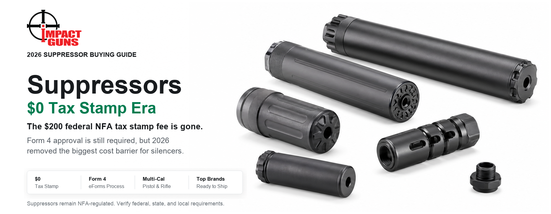 Suppressors & Silencers for Sale — No Tax Stamp Required in 2026 | Impact Guns