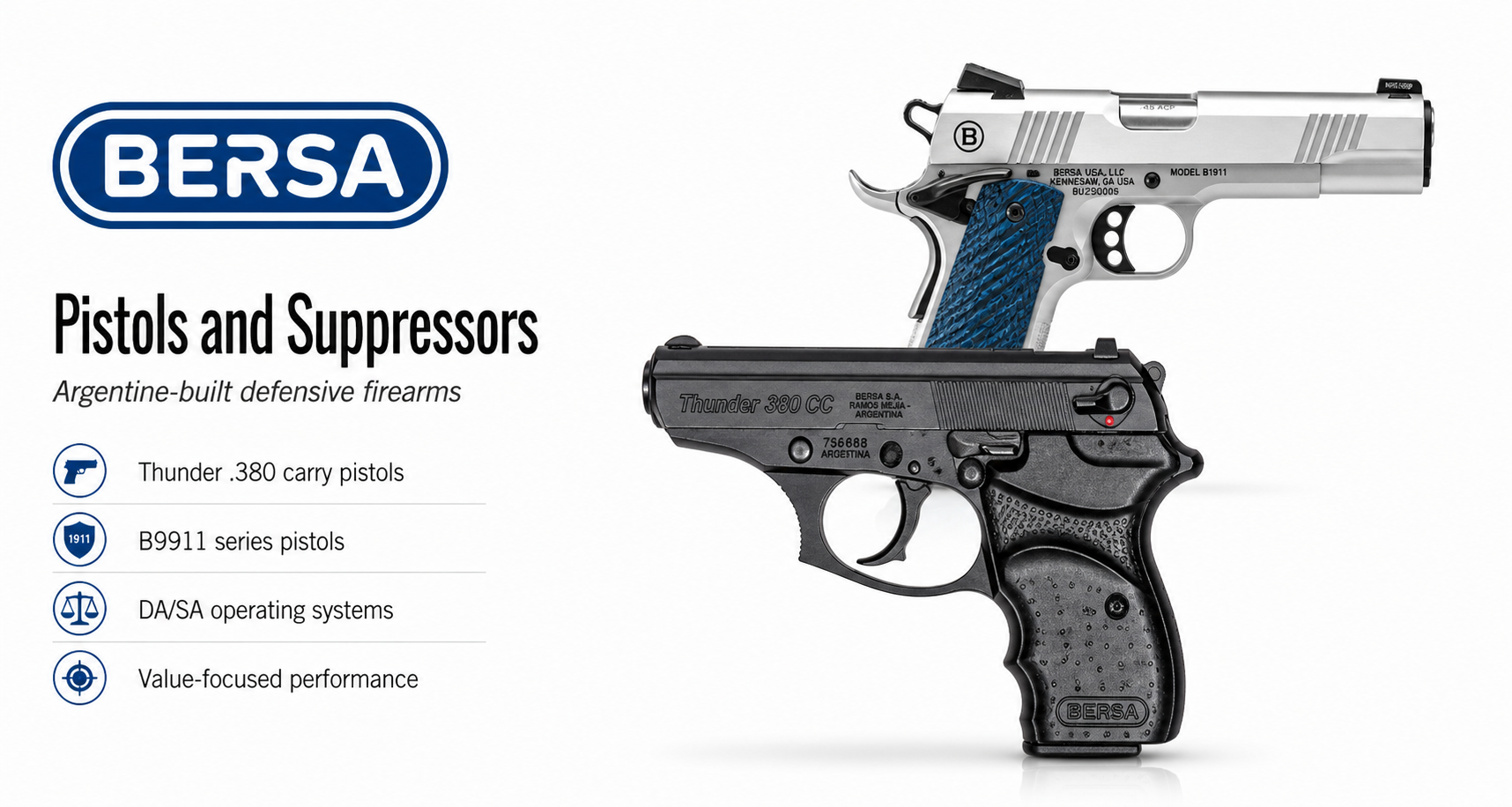 Bersa Firearms for Sale — Thunder .380, M2XI 1911 & More | Impact Guns