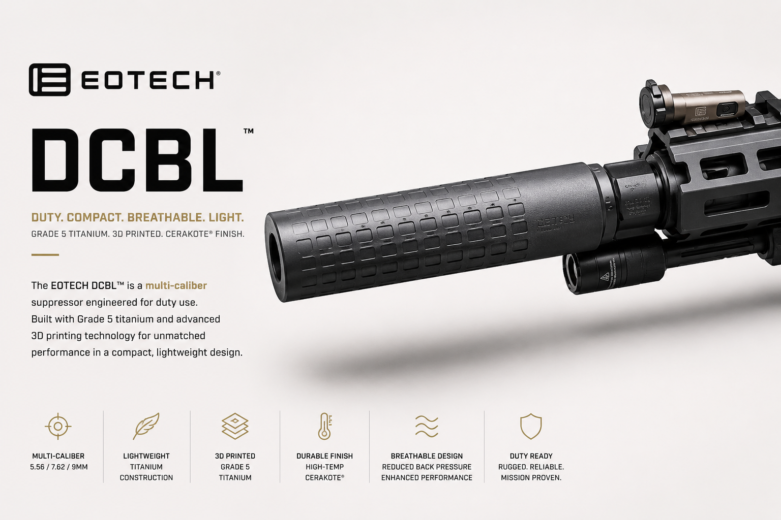 EOTech DCBL Suppressor for Sale | 3D-Printed Titanium | 5.56, 7.62 & 9mm | Impact Guns