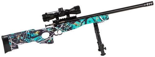 Crickett KSA2149 Precision Package 22 LR Caliber with 1rd Capacity, 16.12″ Barrel, Blued Metal Finish & Fixed Thumbhole Muddy Girl Serenity Synthetic Stock Right Hand (Youth) Includes Scope & Bipod