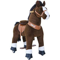 PonyCycle Official New 2021 Series Ride on Horse with White Hoof and Realistic Sound Feature Toy Plush Walking Animal Dark Brown Medium Size for Age 4-10